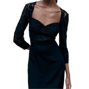 Zara NWT Women’s Black Lace Top Sweetheart Neck 3/4 Sleeve Midi‎ Dress  Sz M